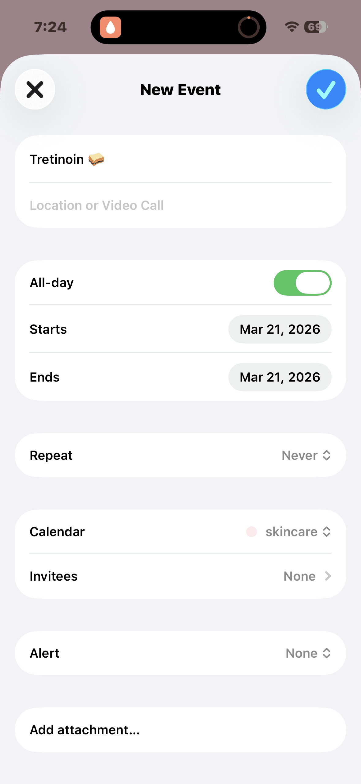 Calendar event creation showing Tretinoin logged to skincare calendar
